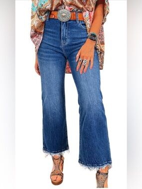 Stylish High Waisted Jeans Women’s | Flared Cropped | Raw Hem - Sz 18